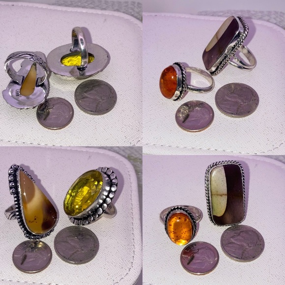 4pcs Handmade Ring Set Citrine Mookaite Jasper Amber Gemstone Halo Ring Size 7.5 - Picture 2 of 8